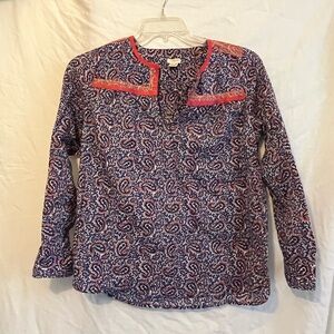 J. Crew Navy and Coral Paisley Tunic Top